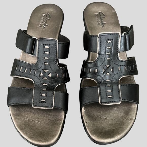 Clarks Bendables Ella Celtic Sandals 8.5 M Black Leather Slides 60481 Comfort - Picture 2 of 12